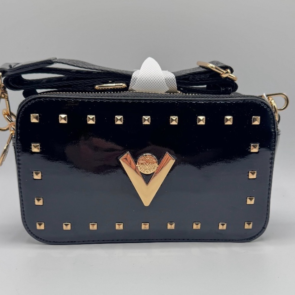 Valentino Orlandi “V” Logo Double Zip Camera Bag – Black Vegan Leather (NWT)